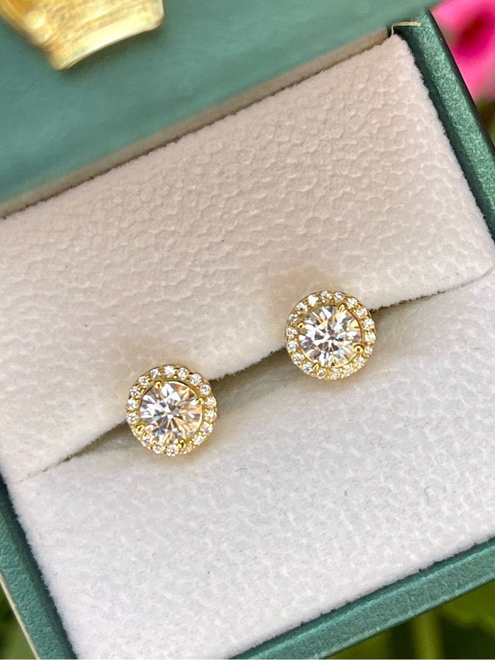 Moissanite Gold Vermeil Halo Stud Earrings 1CTW